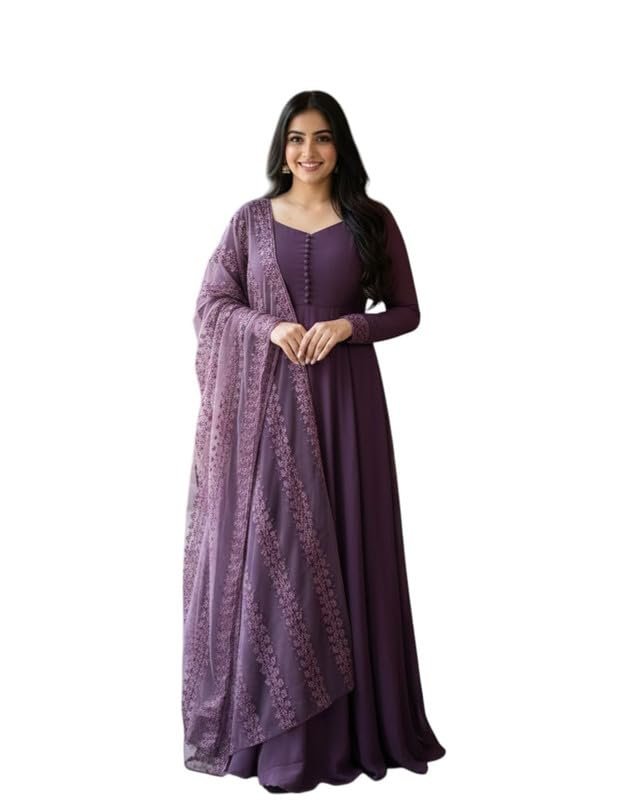 GreenVillage enterprise Designer Faux Georgette Floor Length Lavendar Gown with Embroidered Net Dupatta | Ethnic for Women