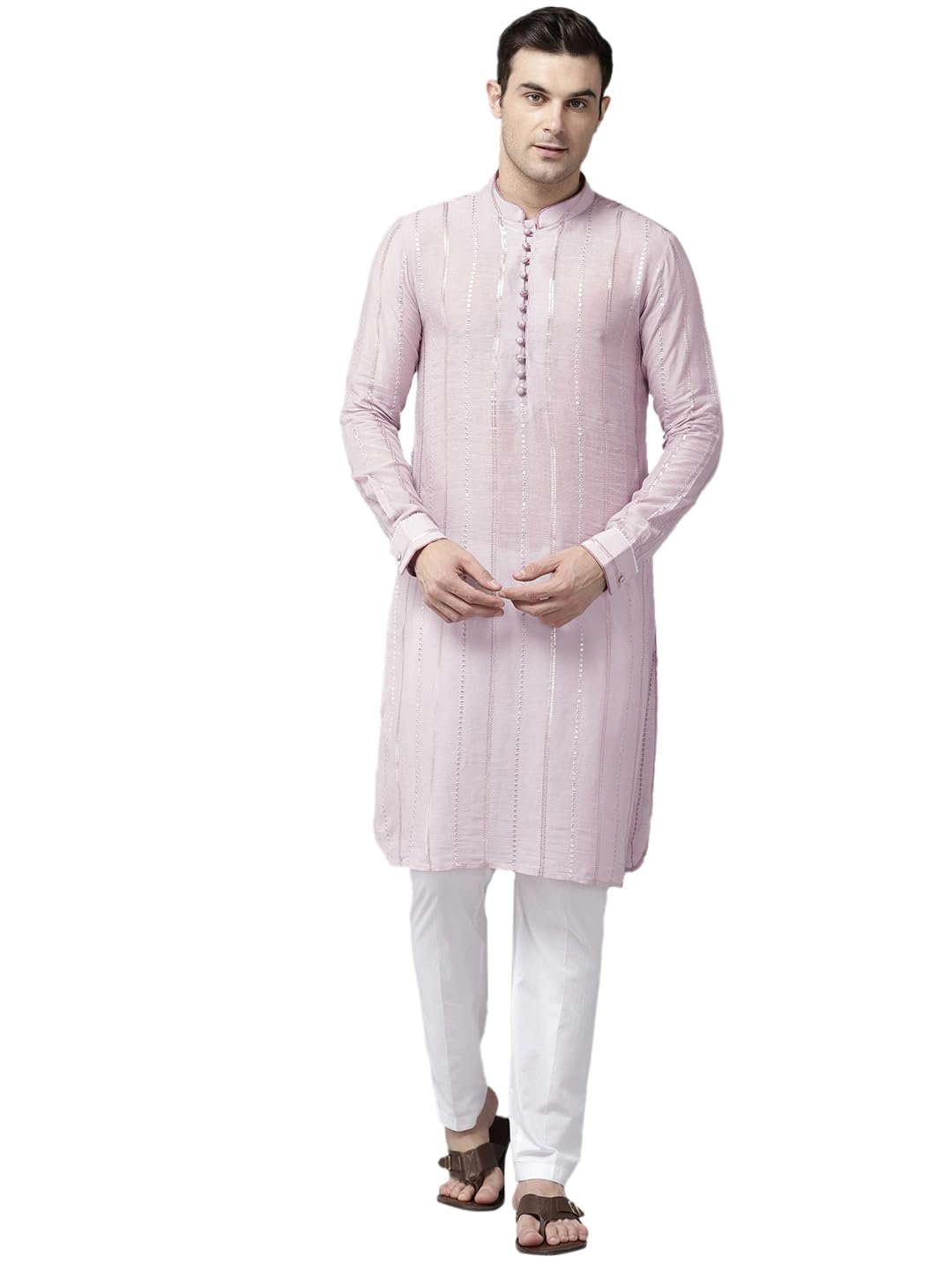 See Designs Men Pink Zari Wark Silk Woven Design Staright Kurta With Pajama Long Sleeves_SDMSKT128301XL