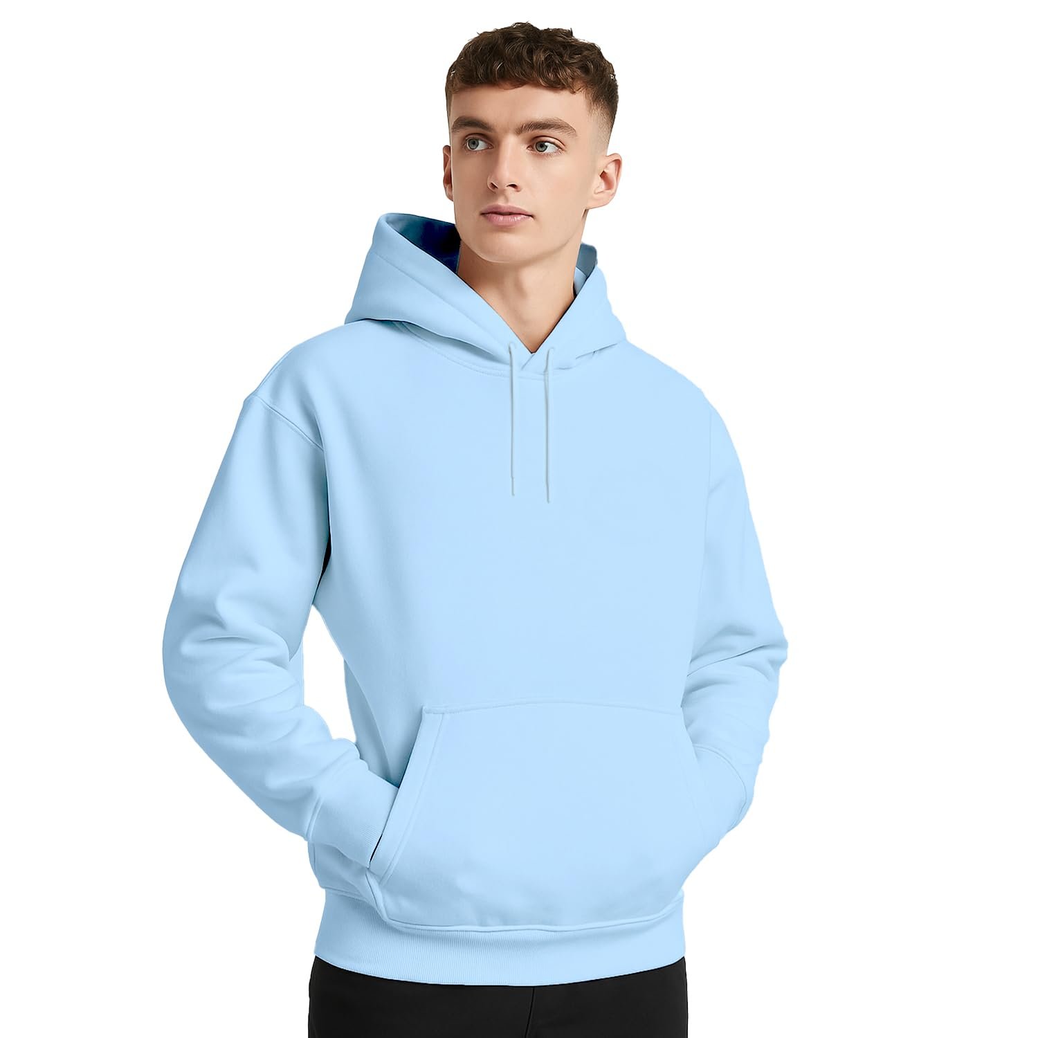 NOBERO Men's Cotton Blend Neck Hooded Loose Fit Sweatshirt (1M-TWHO-R0041_Powder Blue