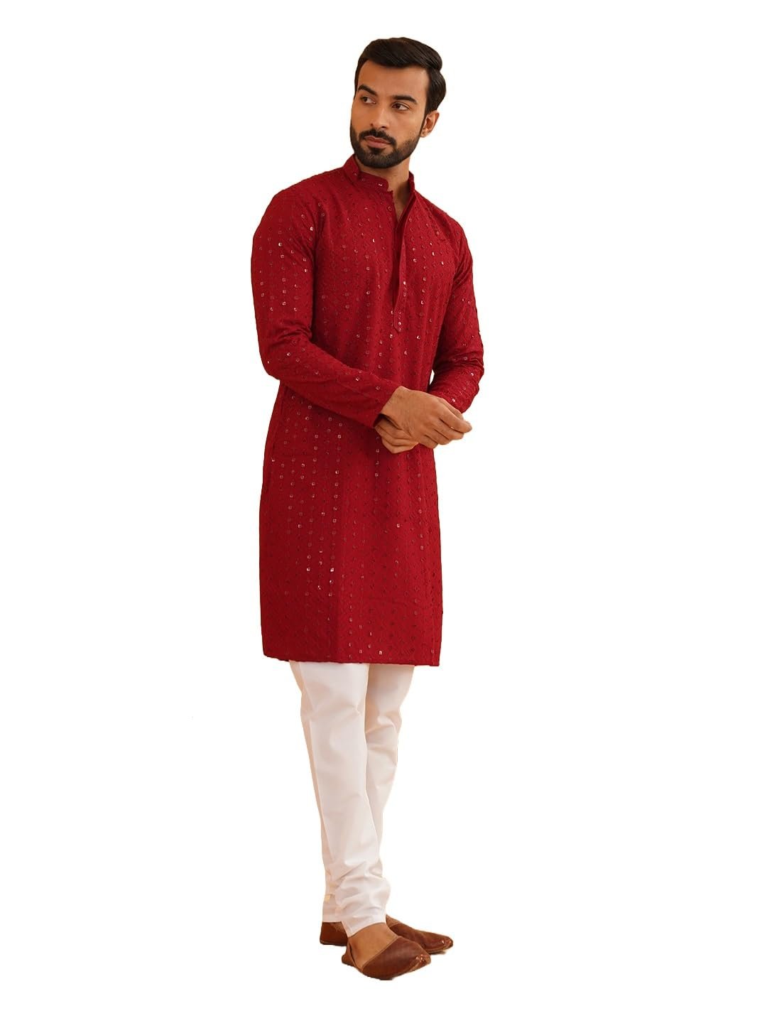 SOJANYA (Since 1958 Men's Pure Cotton Maroon Embroidered Sequined Kurta and White Pyjama Set