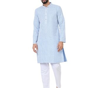 See Designs Men's Full Sleeve Mandarin Collar Men's Blue Embroidered Thread Work Sequinned Rayon Straight Long Kurta - Festive Collection | - SDKT3115XL