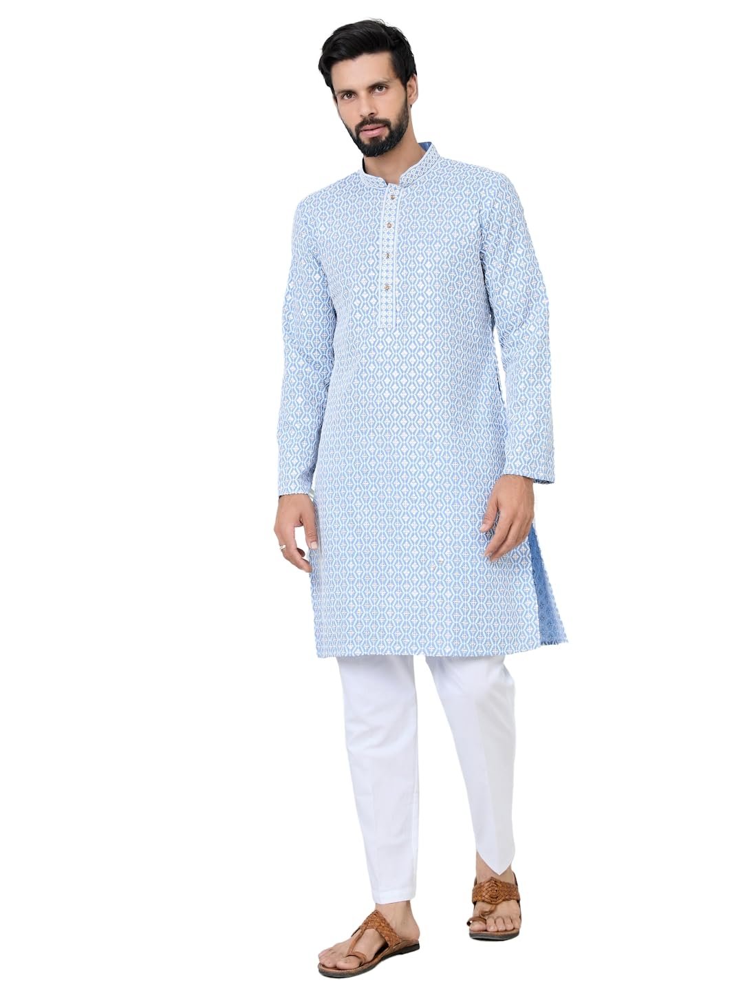 See Designs Men's Full Sleeve Mandarin Collar Men's Blue Embroidered Thread Work Sequinned Rayon Straight Long Kurta - Festive Collection | - SDKT3115XL