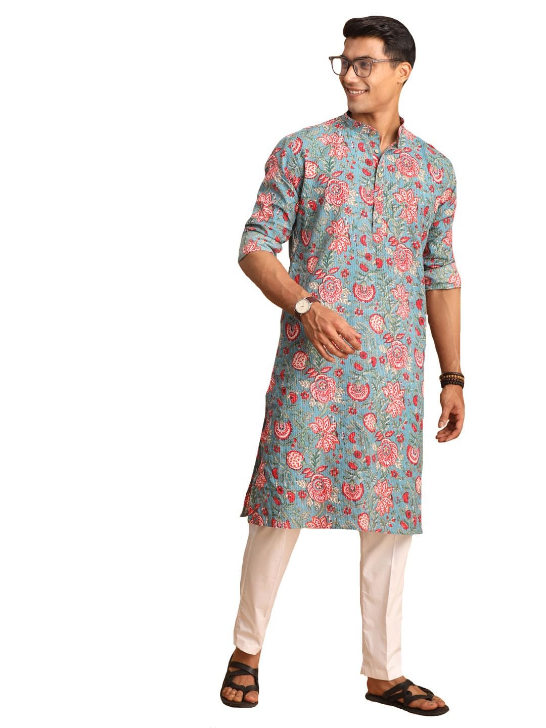 Shvaas by Vastramay Men's Cotton Printed Aqua and White Kurta and Pyjama Set-Aa323_Vshvmk196Npant004Wh_42