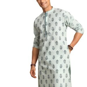 VASTRAMAY Men’s Aqua Cotton Knee Length Kurta | Elegant Ethnic Wear for Weddings & Festive Celebrations