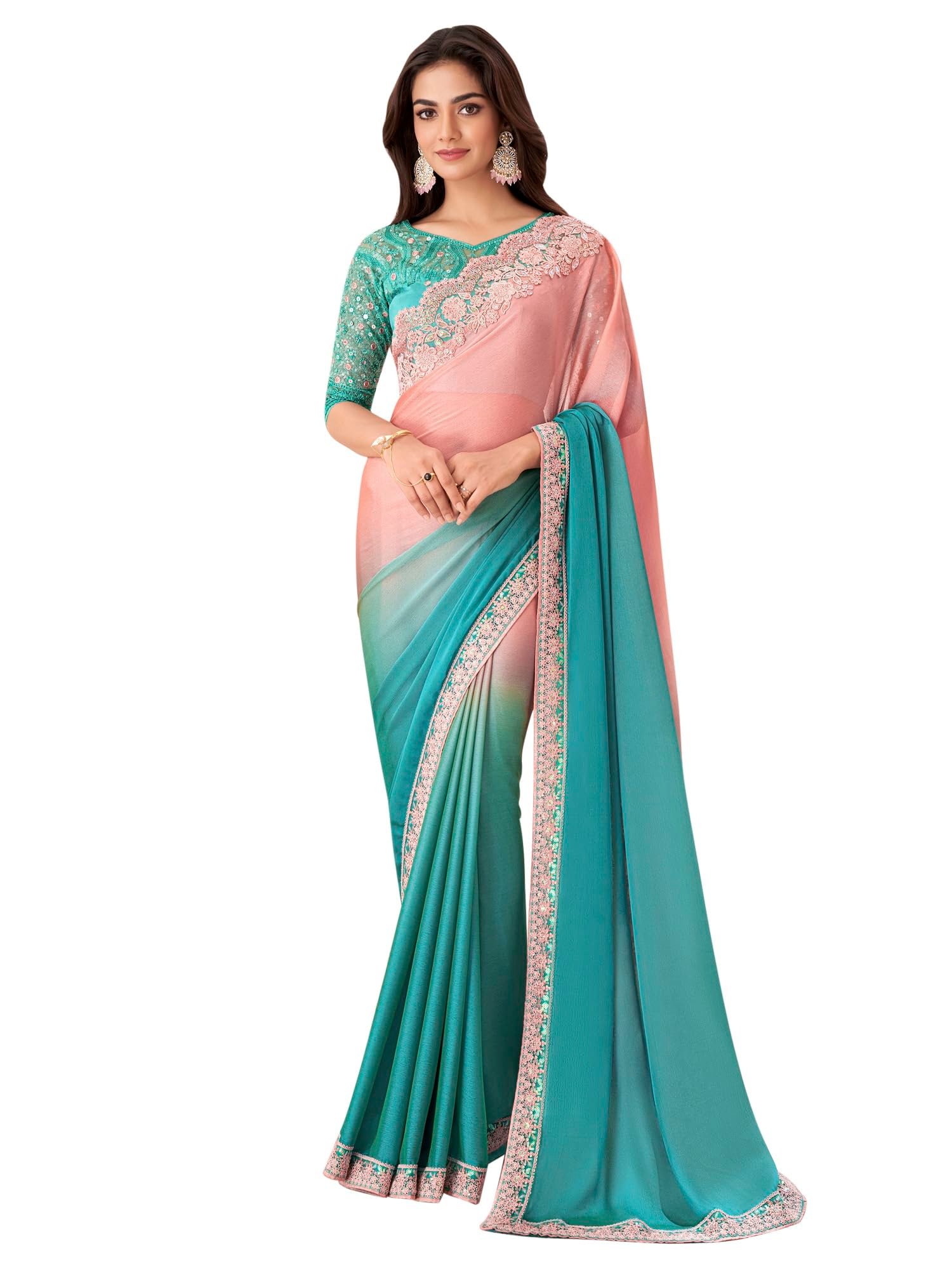AKHILAM Women's Peach Pure Chiffon Embellished Saree With Unstitched Blouse (SNDLWOD1311_TFH)