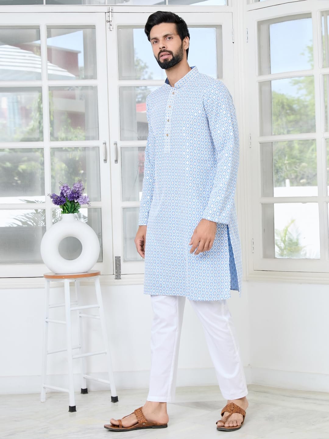 See Designs Men's Full Sleeve Mandarin Collar Men's Blue Embroidered Thread Work Sequinned Rayon Straight Long Kurta - Festive Collection | - SDKT3115XL - Image 3