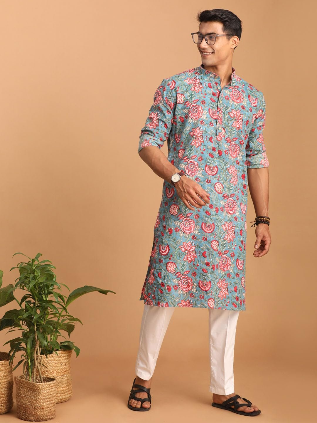 Shvaas by Vastramay Men's Cotton Printed Aqua and White Kurta and Pyjama Set-Aa323_Vshvmk196Npant004Wh_42 - Image 7