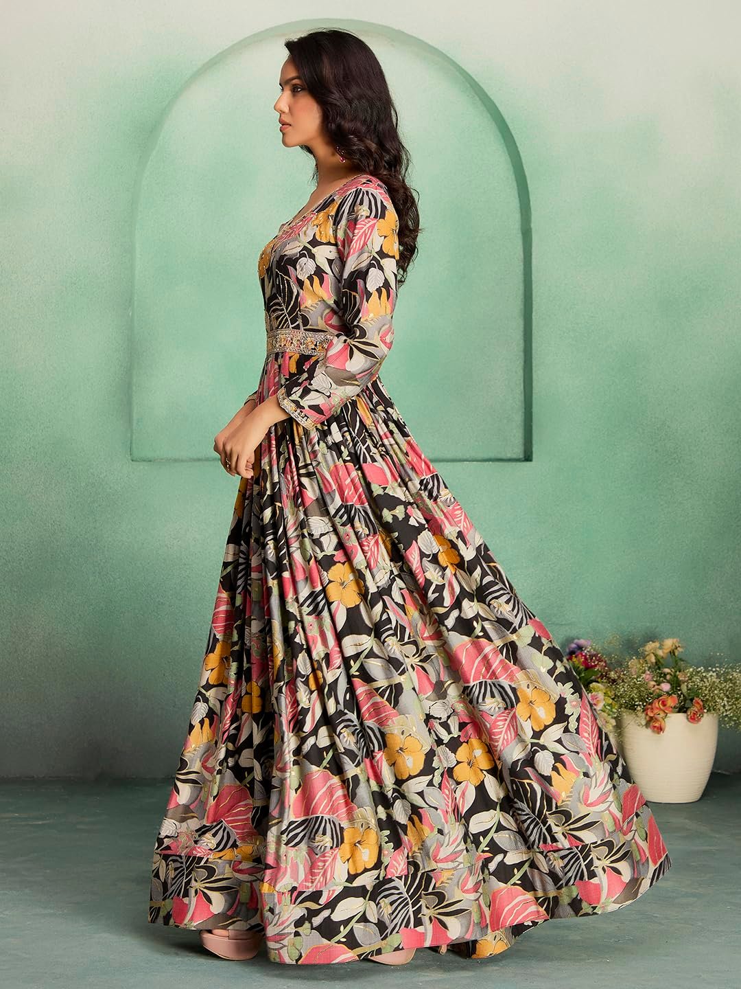 madhuram textiles Women's vetican Print with Hand Embroidery Work Anarkali Long Gown(M-2544 Black_Small) - Image 7