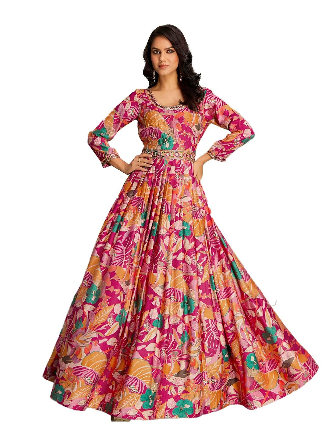 madhuram textiles Women's vetican Print with Hand Embroidery Work Anarkali Long Gown(M-2544 Pink_Large)