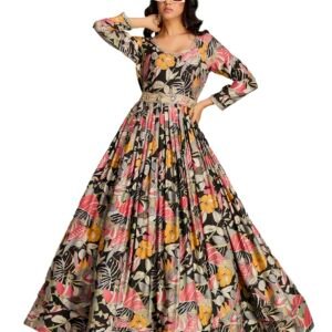 madhuram textiles Women's vetican Print with Hand Embroidery Work Anarkali Long Gown(M-2544 Black_Small)