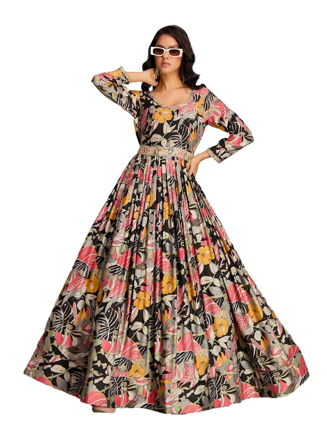 madhuram textiles Women's vetican Print with Hand Embroidery Work Anarkali Long Gown(M-2544 Black_Small)