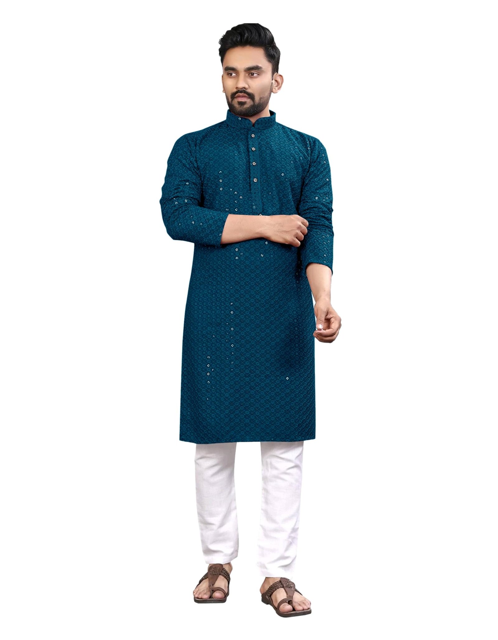 Trustous Men's Georgette Indian Ethnic Wear Straight Lucknowi Regular Fit Kurta Sea Green