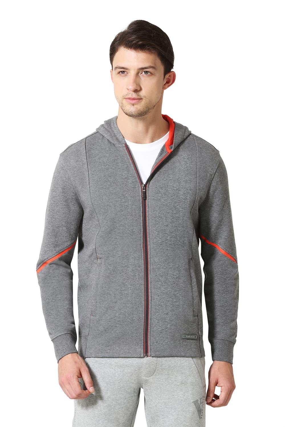 Van Heusen Men's Cotton Blend Regular Fit Sport Media Pocket Hoodie - Ultra Soft, Breathable_70031_Mid Grey Melange_Large