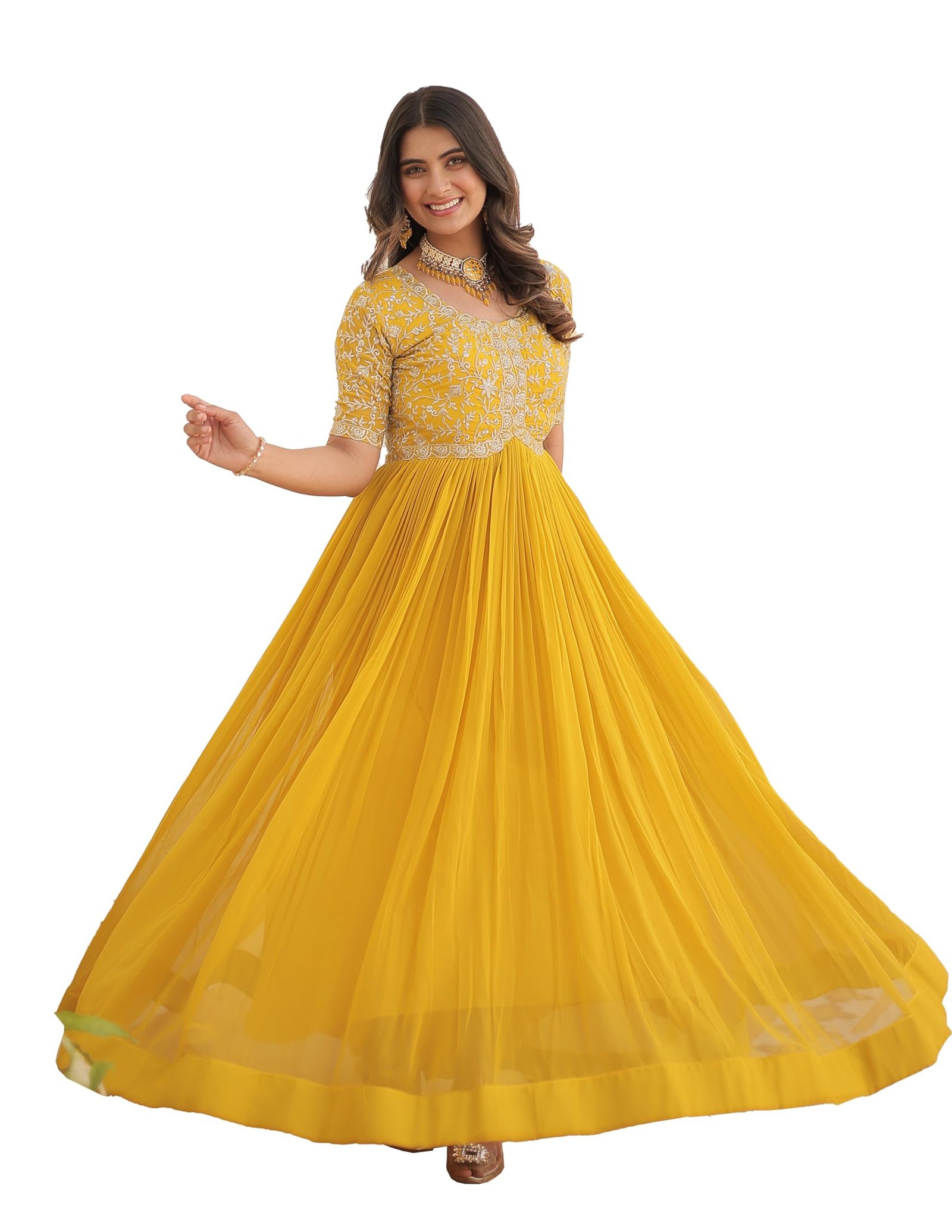 Fashion Basket Georgette Embroidered Anarkali Gown for Women Yellow