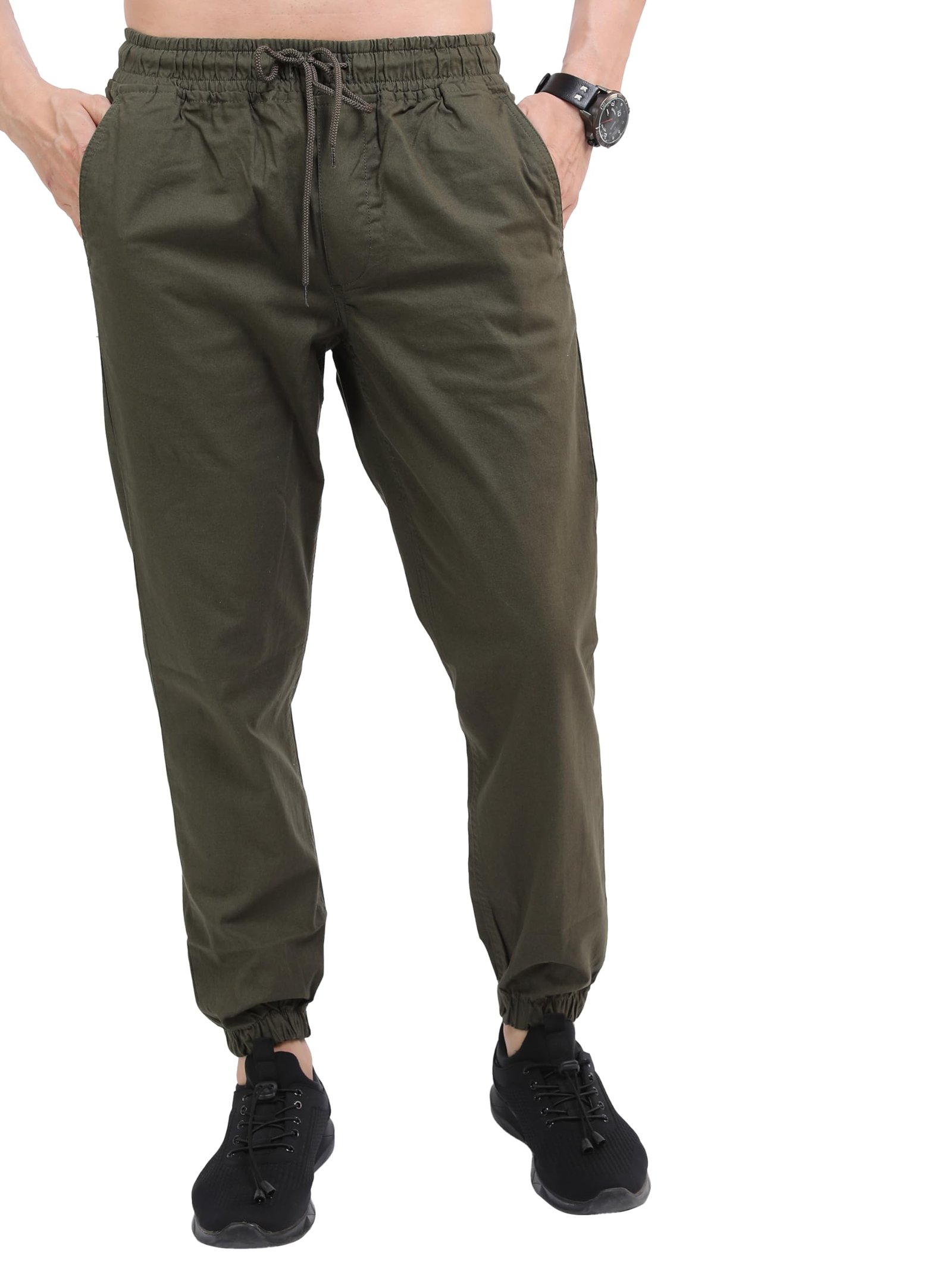 Highlander Men Olive Green Slim Fit Easy Wash Joggers Trousers