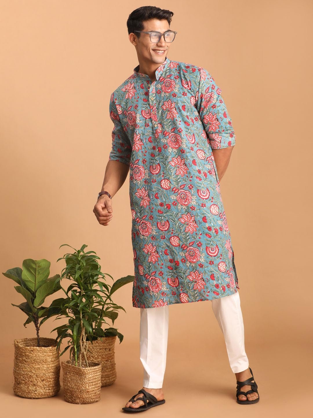 Shvaas by Vastramay Men's Cotton Printed Aqua and White Kurta and Pyjama Set-Aa323_Vshvmk196Npant004Wh_42 - Image 3