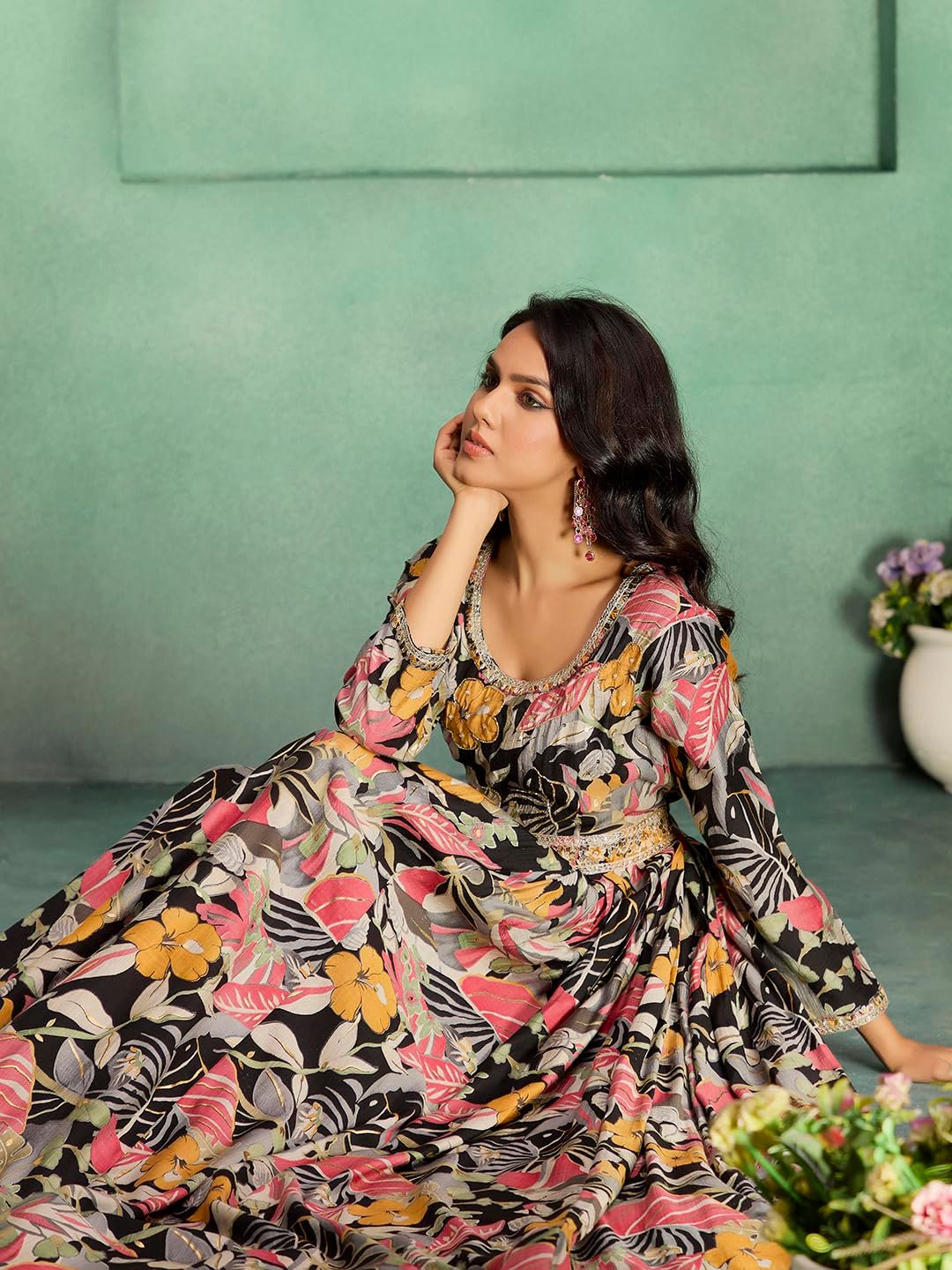 madhuram textiles Women's vetican Print with Hand Embroidery Work Anarkali Long Gown(M-2544 Black_Small) - Image 3