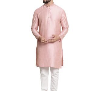 SOJANYA (Since 1958 Men's Silk Blend Pink Pintex Kurta and White Churidar Pyjama Set