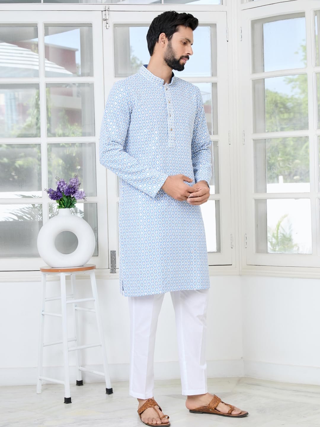 See Designs Men's Full Sleeve Mandarin Collar Men's Blue Embroidered Thread Work Sequinned Rayon Straight Long Kurta - Festive Collection | - SDKT3115XL - Image 6