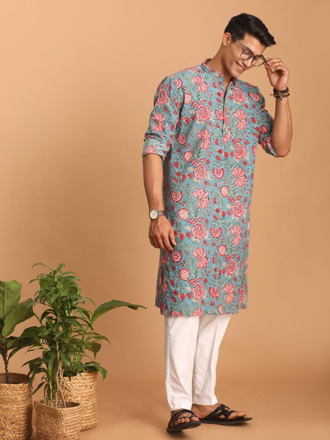 Shvaas by Vastramay Men's Cotton Printed Aqua and White Kurta and Pyjama Set-Aa323_Vshvmk196Npant004Wh_42 - Image 6