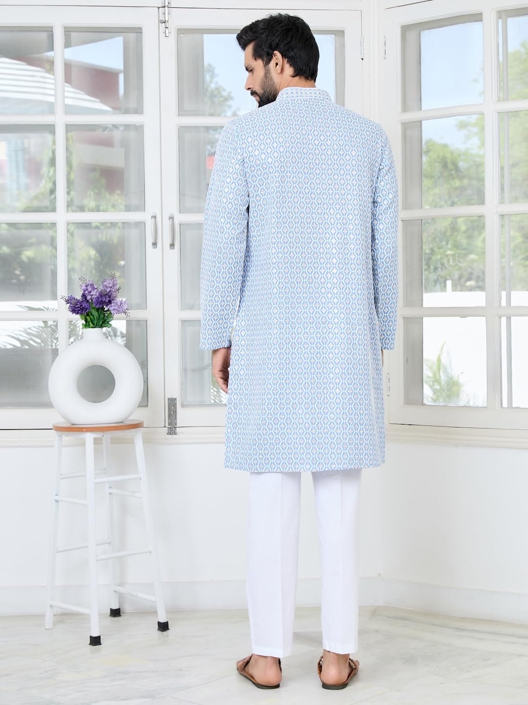 See Designs Men's Full Sleeve Mandarin Collar Men's Blue Embroidered Thread Work Sequinned Rayon Straight Long Kurta - Festive Collection | - SDKT3115XL - Image 5