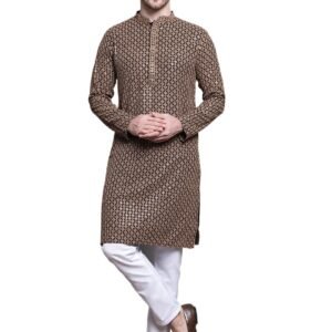 Jompers Mens Sequin Embroidered Pure Cotton Kurta with Pyjamas (Brown, M)