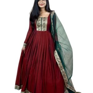 DOSPARO Elegant Vichitra Silk Gown with Jacquard Zari Border – Includes Soft Net Dupatta with Lace Trim Ethnic Dress for Women & Girls (in, Alpha, 2XL, Regular, Women, Red)