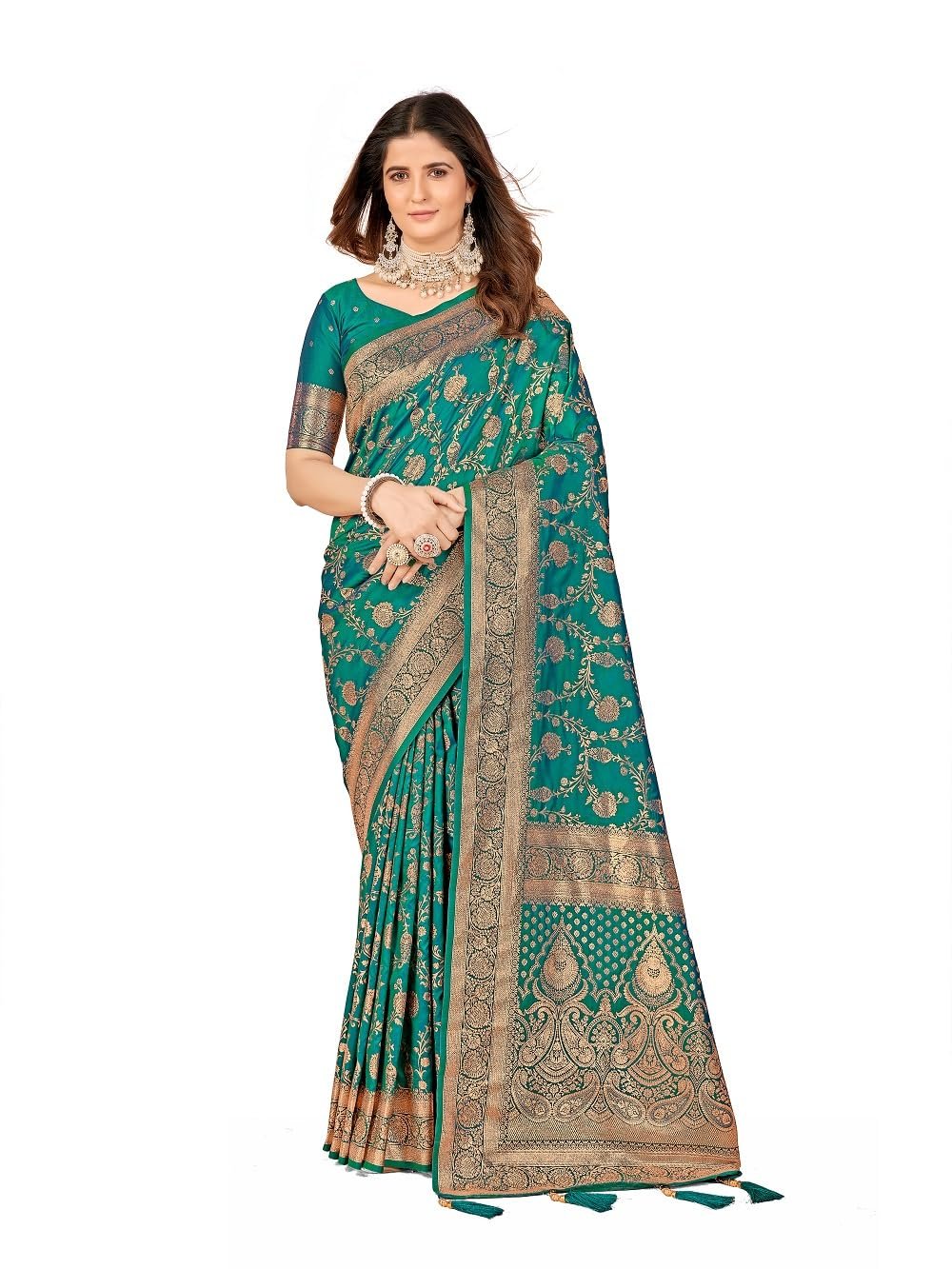Mehrang Cotton Banarasi Silk Saree for Women With Unstitched Blouse Piece (Green)