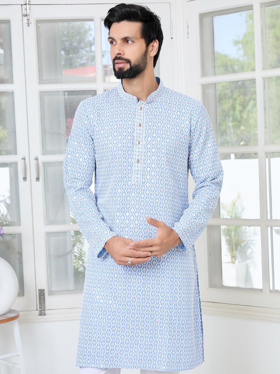 See Designs Men's Full Sleeve Mandarin Collar Men's Blue Embroidered Thread Work Sequinned Rayon Straight Long Kurta - Festive Collection | - SDKT3115XL - Image 2