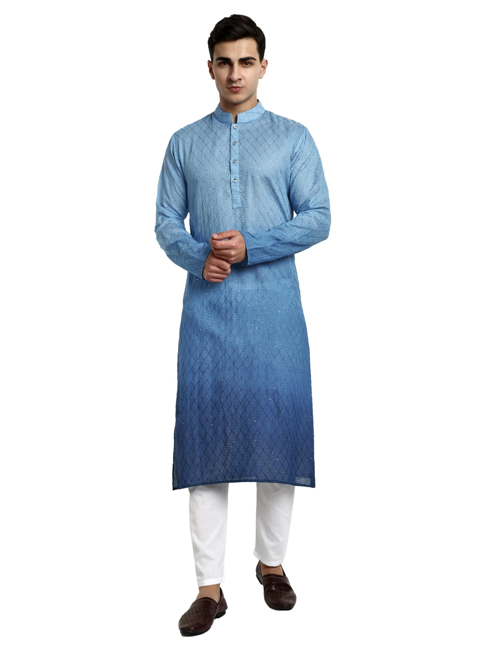 Vardha Men's Cotton Chikankari Embroidered and Sequence Full Sleeve Knee Length Casual Kurta for All Occations Like Wedding, Office & Events (MK_34_L_LK) Light Blue