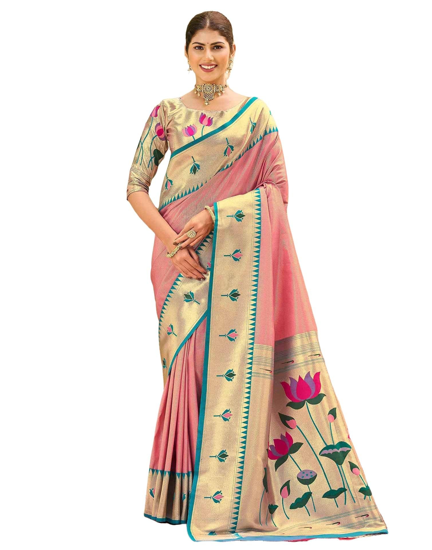 SIRIL Women's Paithani Soft Silk Kanjivaram Saree With Unstitched Blouse Piece(4780S134_Pink)