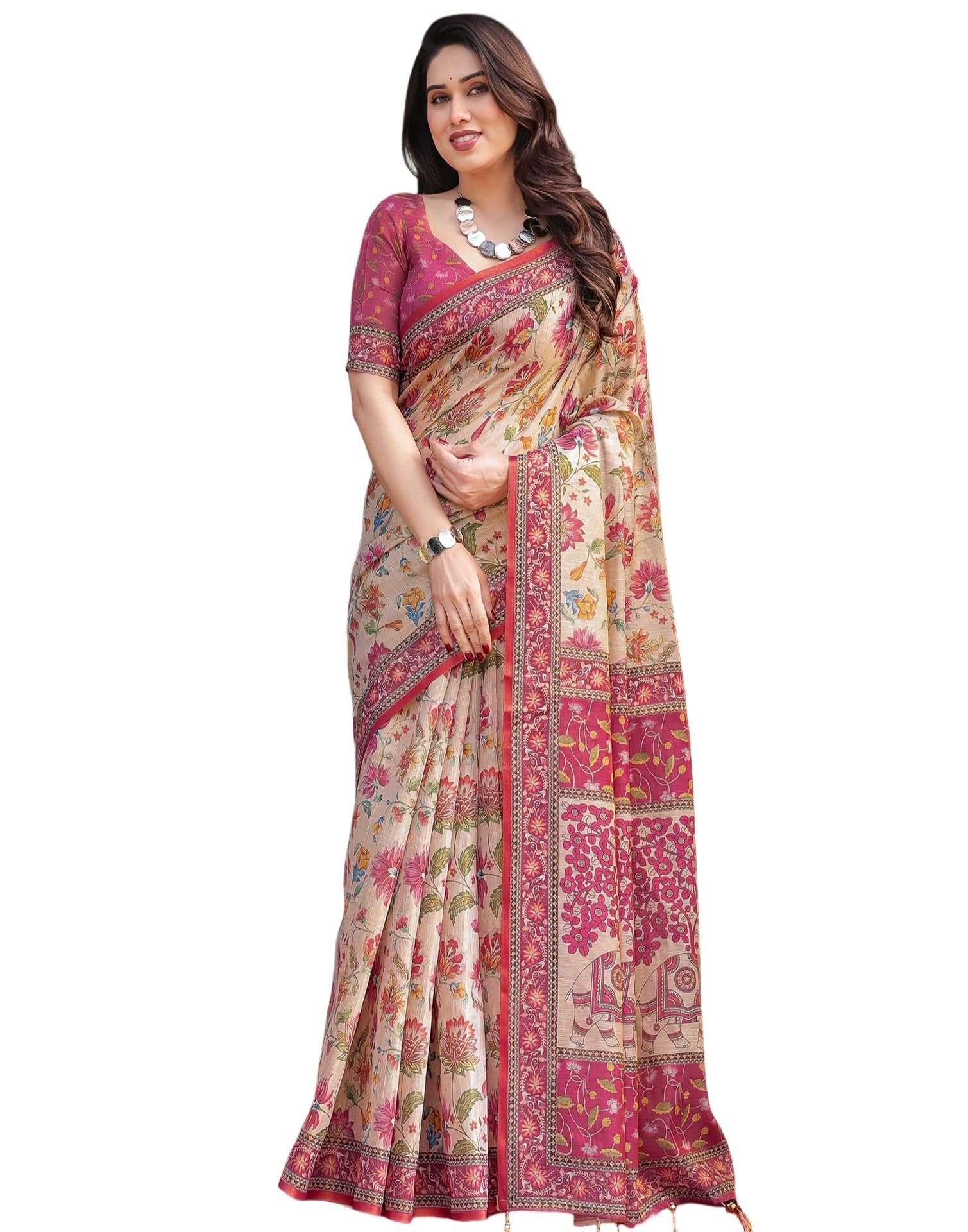 SIRIL Women's Cotton Linen Floral Printed Handloom Saree with Unstitched Blouse Piece (4362S369_Beige & Pink)