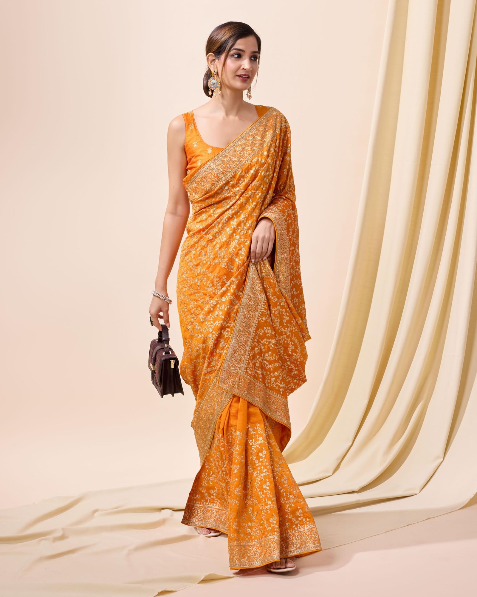TRENDMALLS Women's Vichitra Silk Embroidery Work Saree with Unstitch Blouse Piece (K1098-Yellow) - Image 8
