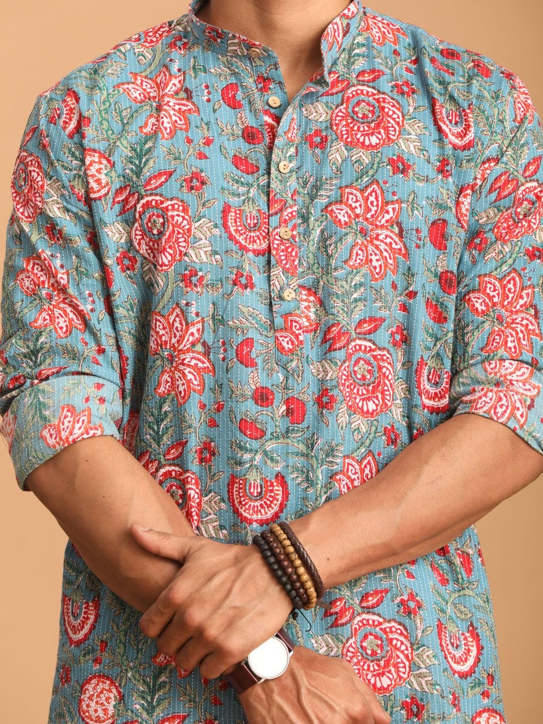 Shvaas by Vastramay Men's Cotton Printed Aqua and White Kurta and Pyjama Set-Aa323_Vshvmk196Npant004Wh_42 - Image 5