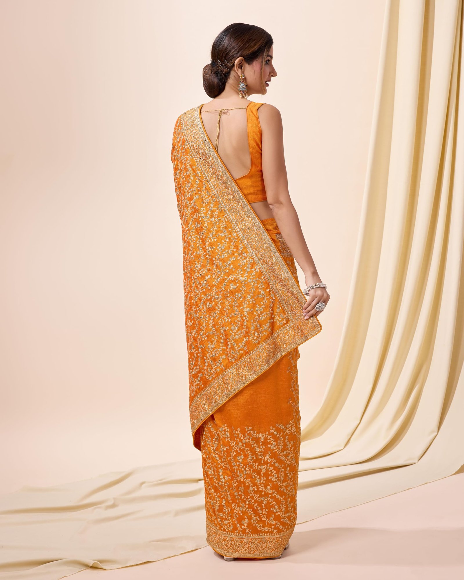 TRENDMALLS Women's Vichitra Silk Embroidery Work Saree with Unstitch Blouse Piece (K1098-Yellow) - Image 9