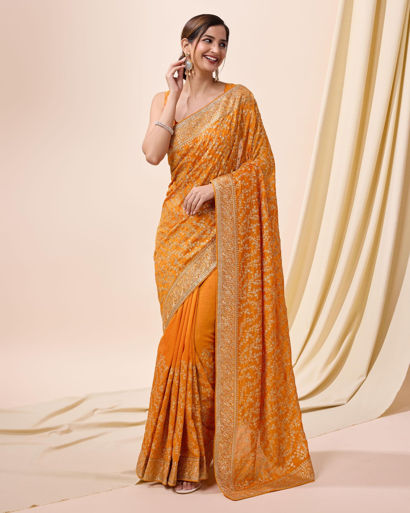 TRENDMALLS Women's Vichitra Silk Embroidery Work Saree with Unstitch Blouse Piece (K1098-Yellow) - Image 3