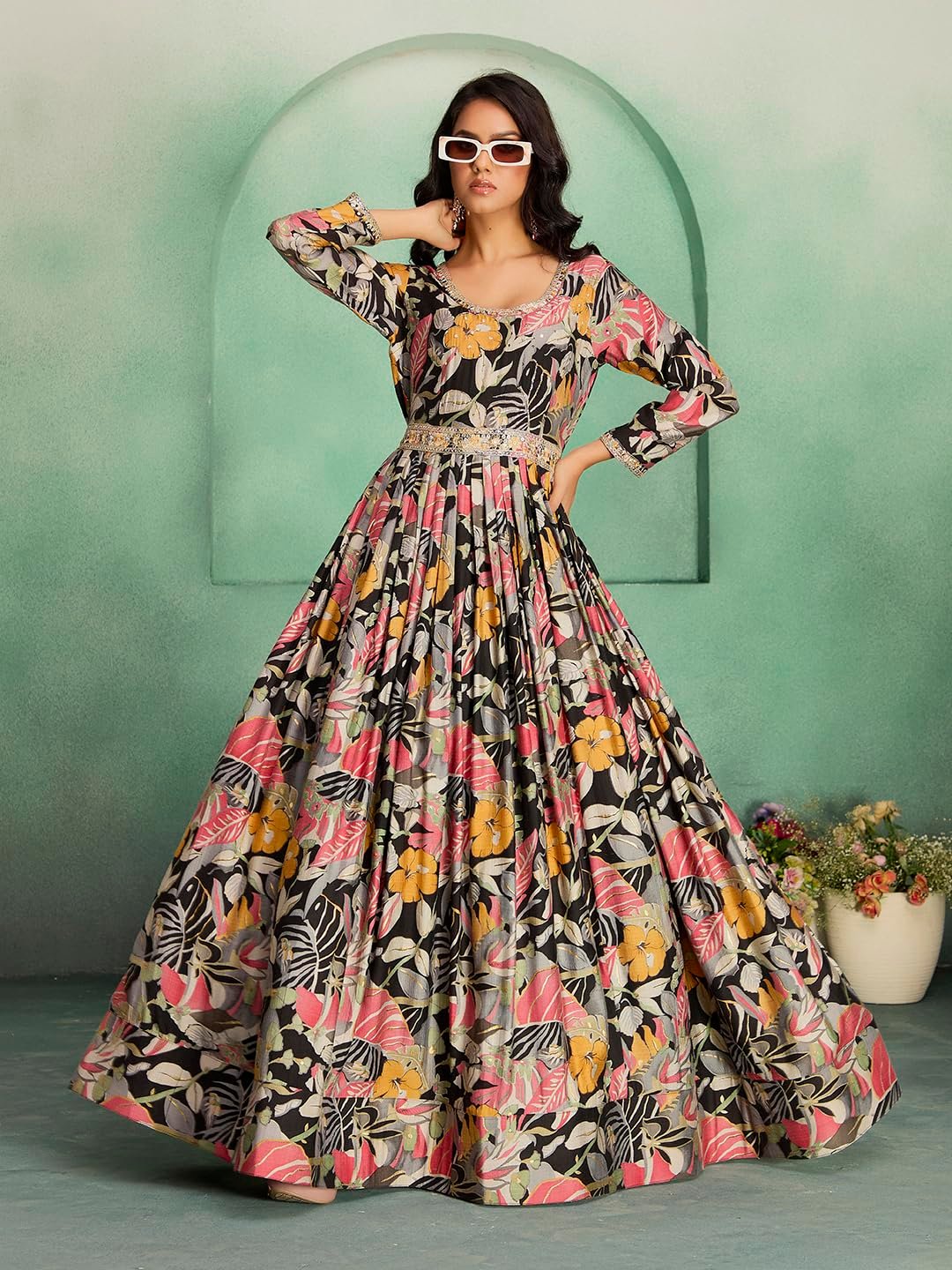 madhuram textiles Women's vetican Print with Hand Embroidery Work Anarkali Long Gown(M-2544 Black_Small) - Image 2