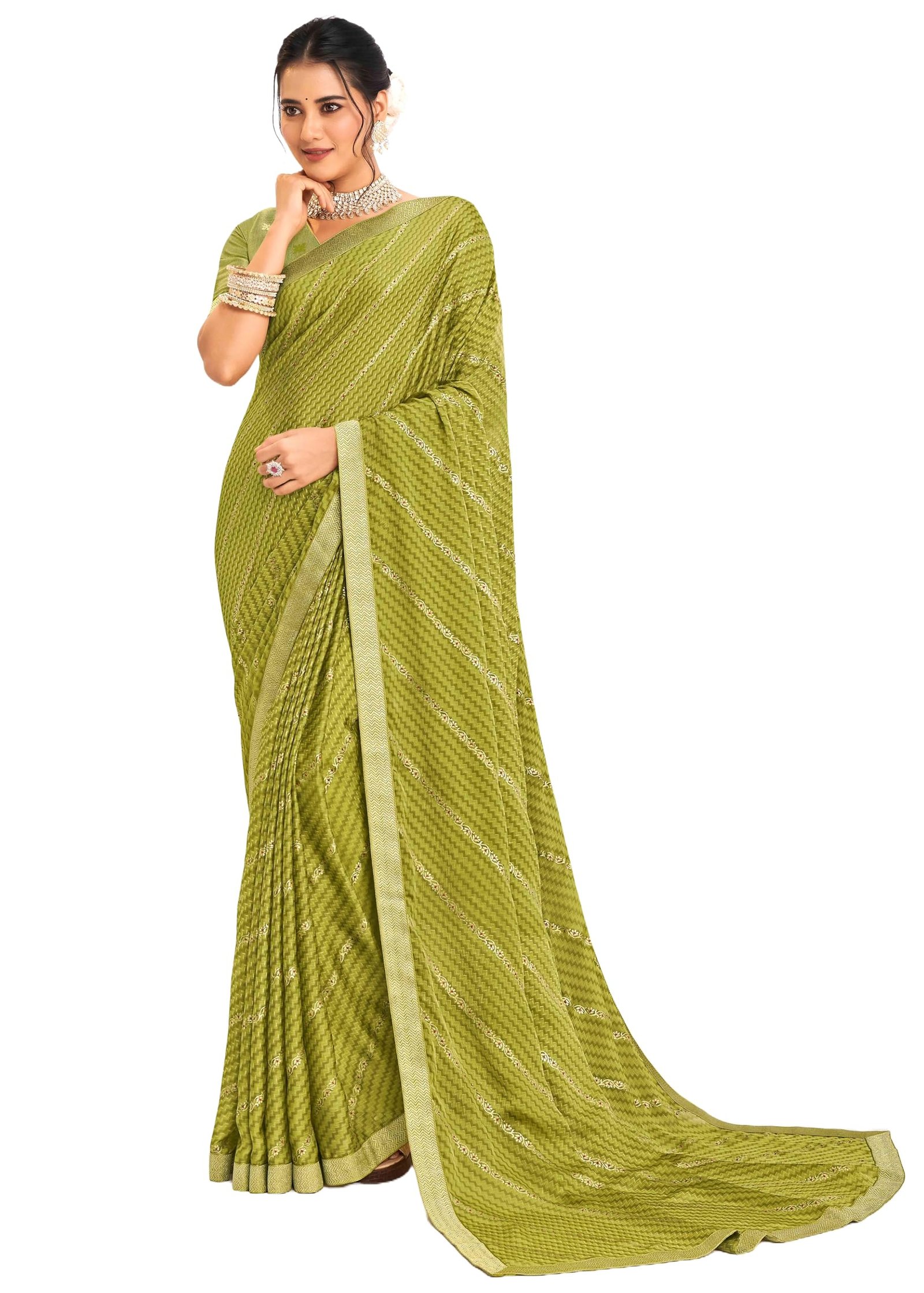 Laxmipati Alia Green Silk with Chevron Foil Work