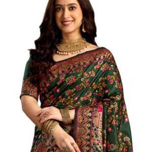 SIRIL Women's Silk Kashmiri Minakari Jacquard Saree with Unstitched blouse Piece (4314S604_Dark Green)