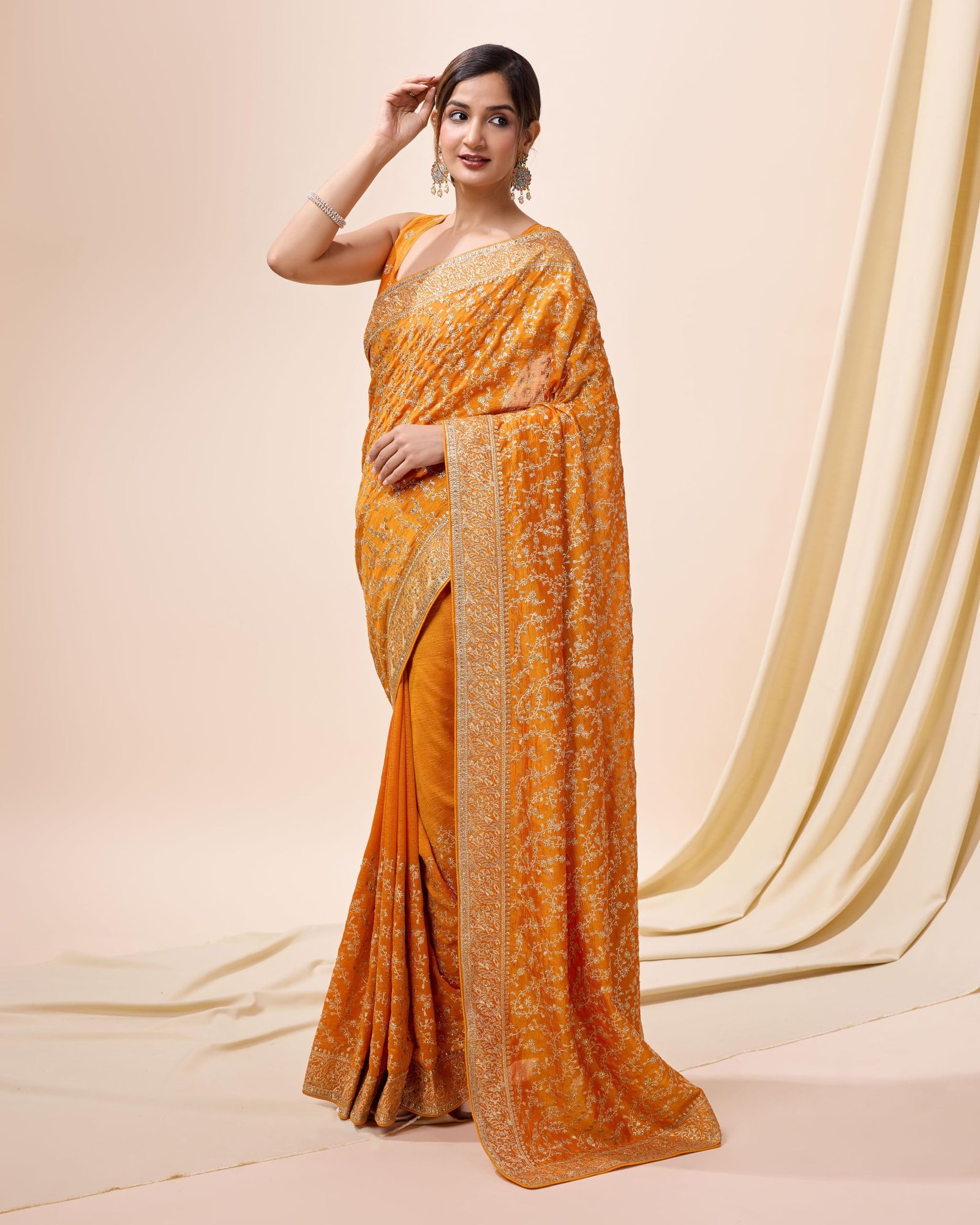 TRENDMALLS Women's Vichitra Silk Embroidery Work Saree with Unstitch Blouse Piece (K1098-Yellow) - Image 2