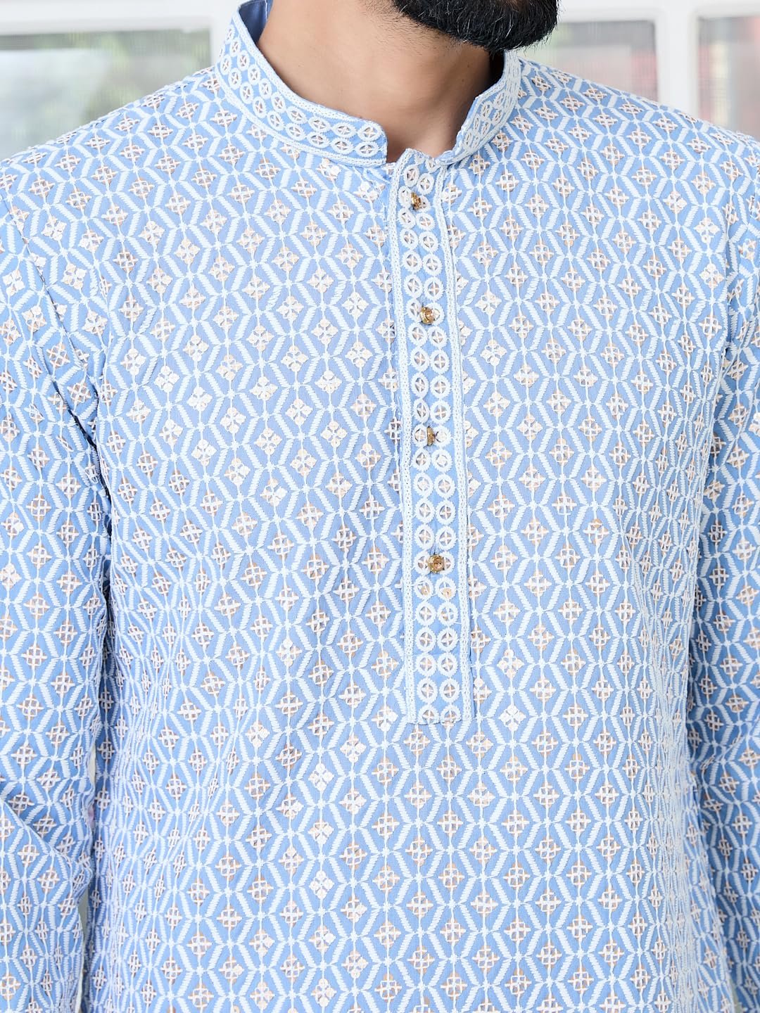 See Designs Men's Full Sleeve Mandarin Collar Men's Blue Embroidered Thread Work Sequinned Rayon Straight Long Kurta - Festive Collection | - SDKT3115XL - Image 7