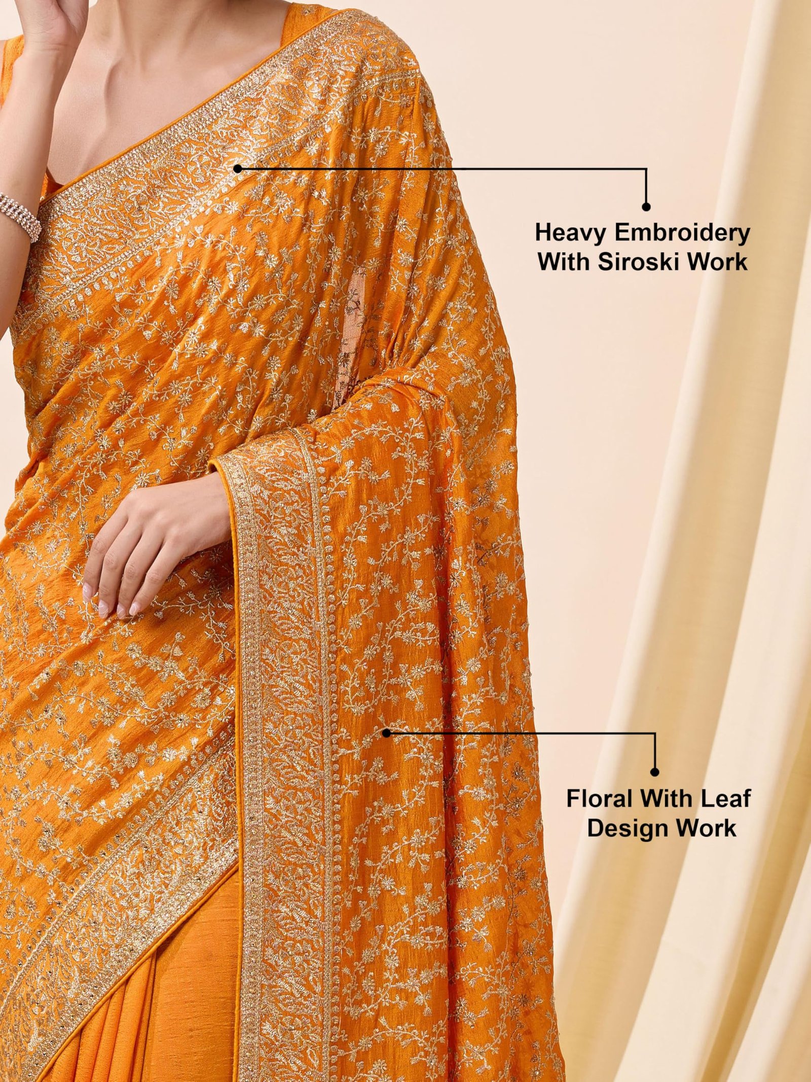 TRENDMALLS Women's Vichitra Silk Embroidery Work Saree with Unstitch Blouse Piece (K1098-Yellow) - Image 7