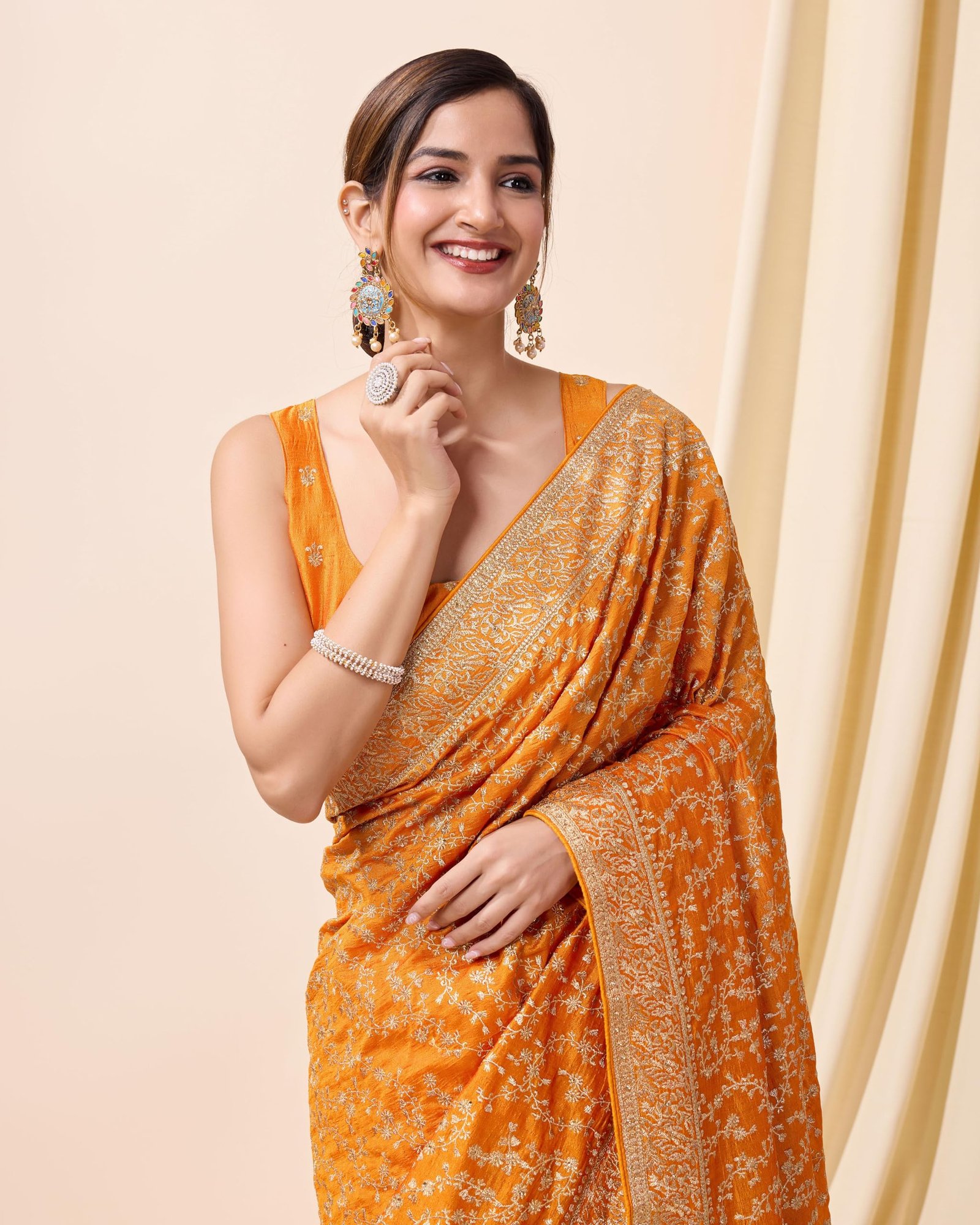 TRENDMALLS Women's Vichitra Silk Embroidery Work Saree with Unstitch Blouse Piece (K1098-Yellow) - Image 5