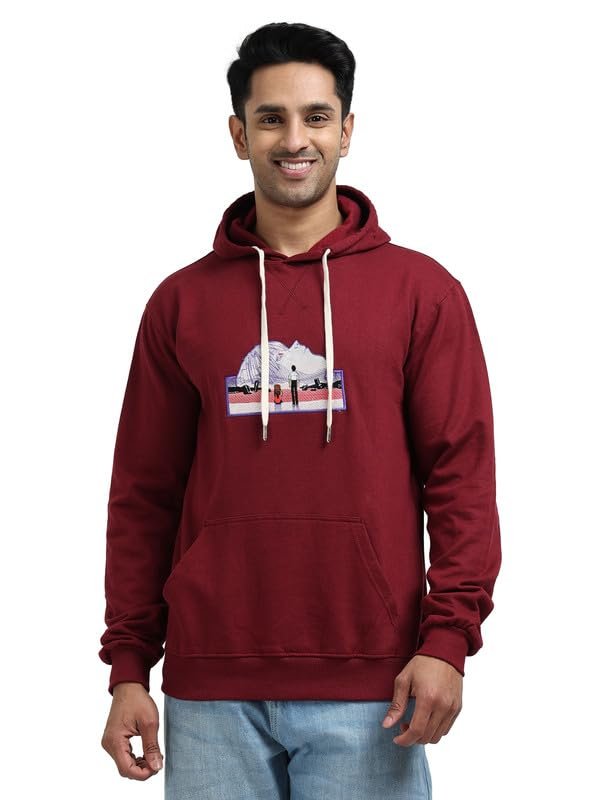 THE MODVUE Men’s Maroon Patterned Hoodie Sweatshirt | 100% Cotton Bio-Wash Fleece Pullover Hoodie for Men