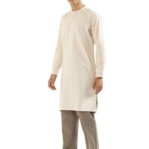 SAADAA Men's Long Kurta – Linen Cotton Blend, Airy Fabric, Regular Fit, Mandarin Collar, Solid Color – Casual, Festive & Ethnic Wear Ecru