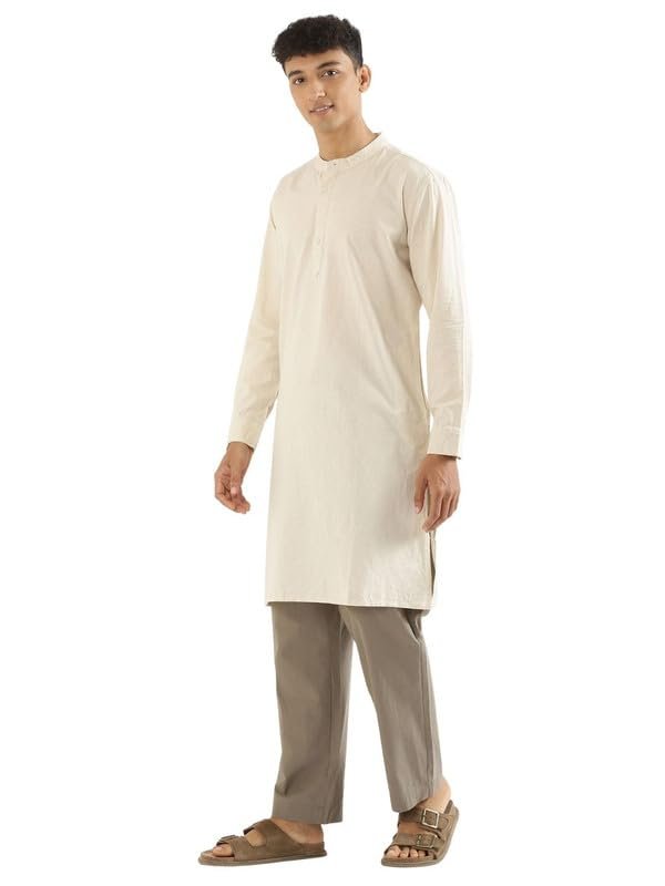 SAADAA Men's Long Kurta – Linen Cotton Blend, Airy Fabric, Regular Fit, Mandarin Collar, Solid Color – Casual, Festive & Ethnic Wear Ecru