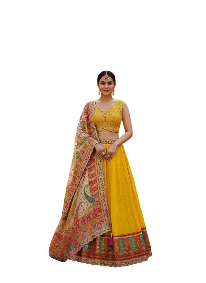 Yellow Embroidered Lehenga Choli with Dupatta, Bridal Wedding Festive Outfit
