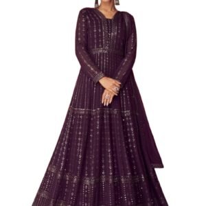 Miss Ethnik Women's Faux Georgette Full Sleeve Stitched Embroidered Floor Length Purple Anarkali Maxi Gown with Dupatta (ME-1106-Purple-3XL)