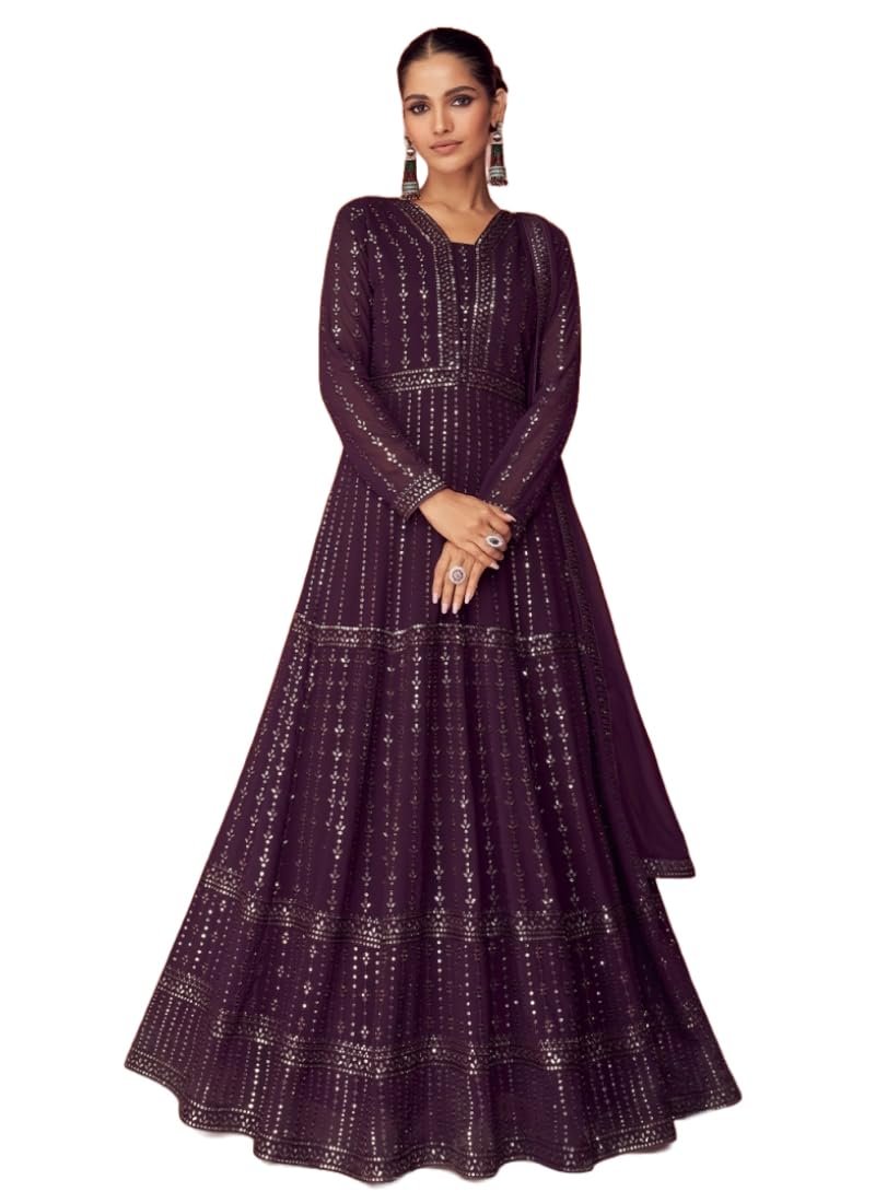 Miss Ethnik Women's Faux Georgette Full Sleeve Stitched Embroidered Floor Length Purple Anarkali Maxi Gown with Dupatta (ME-1106-Purple-3XL)