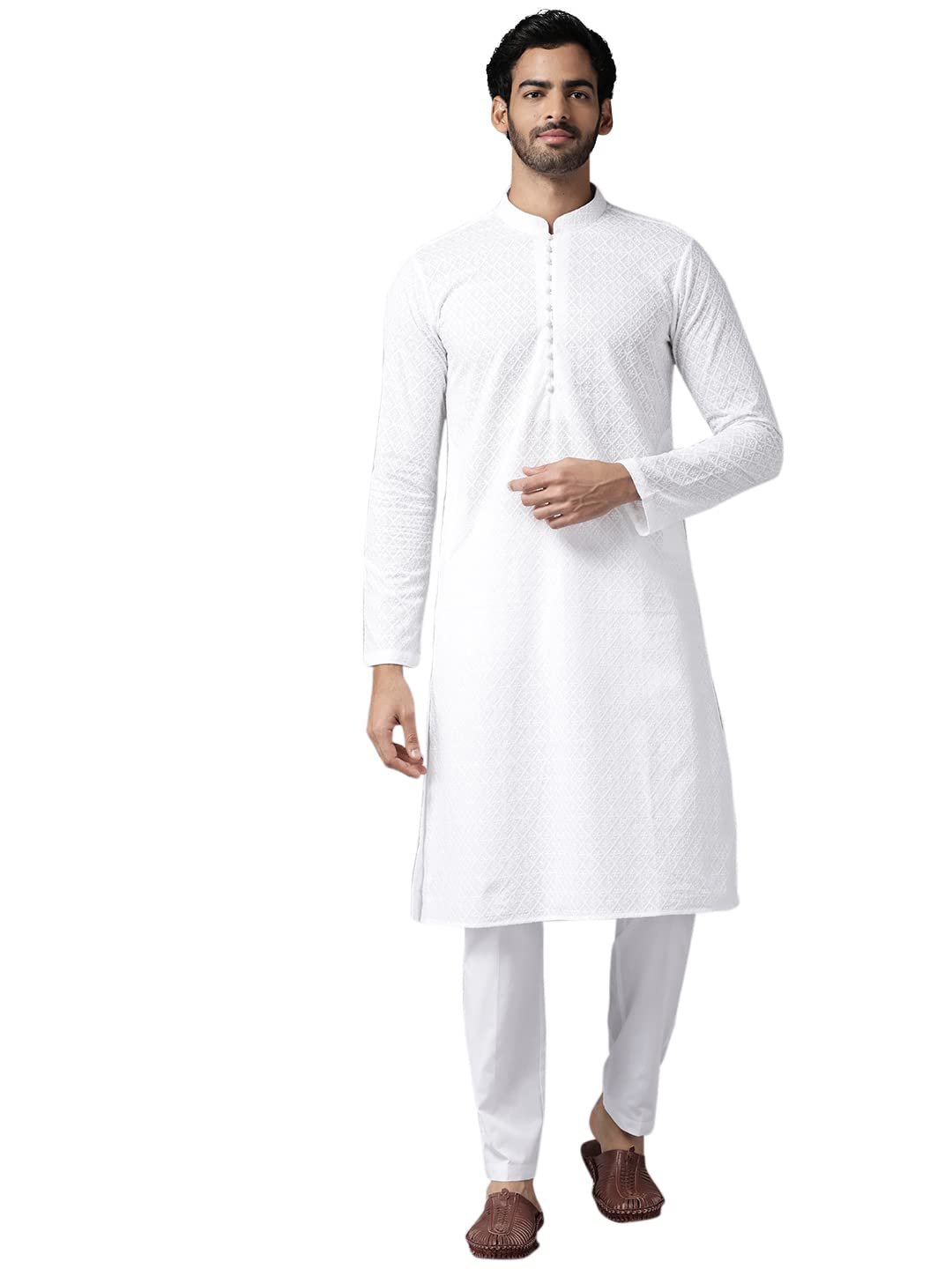 See Designs Mens Kurta |White Cotton Embroidered Kurta With Pajama Set Mandarin Collar Long Sleeves Chikankari Kurta | SDKT109301L